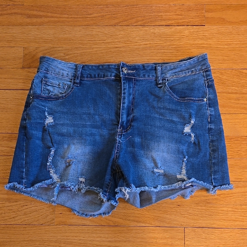 Blue Distressed Jean Shorts with Frayed Hem